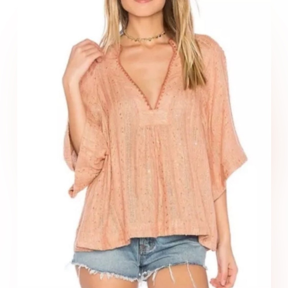 Free People Get Over It Coral Boho Sparkly Sequin Metallic Texture Stripe Top M